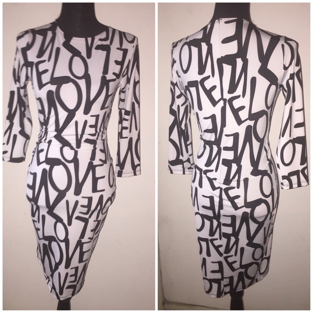 Black and White LOVE Bodycon Dress Medium